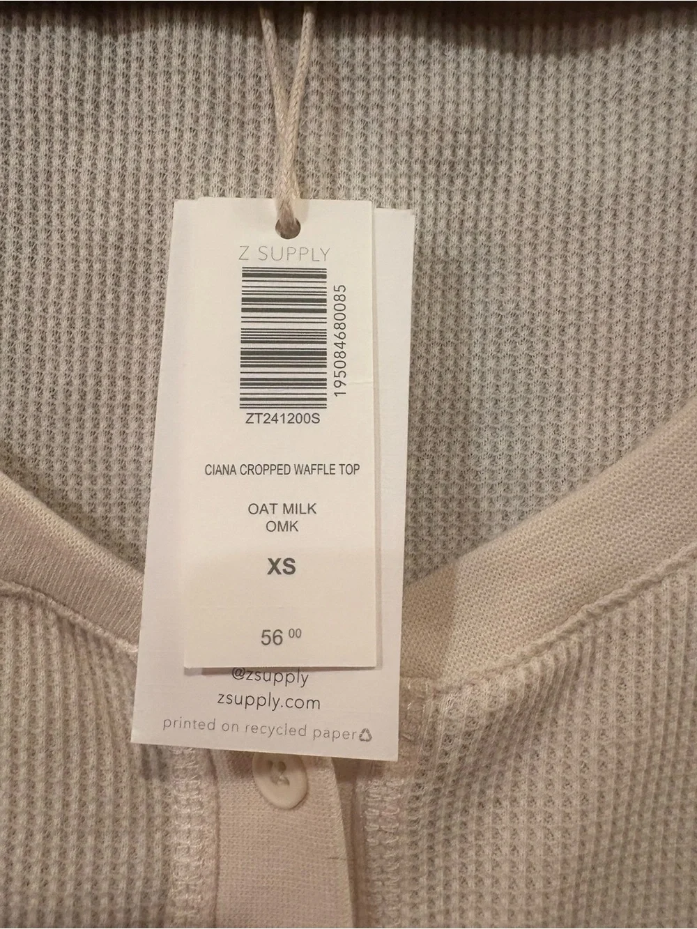 Z SUPPLY $56 NWT P2P 16-18” L 17” Ciana Cropped Waffle Knit Top in Oat Milk XS